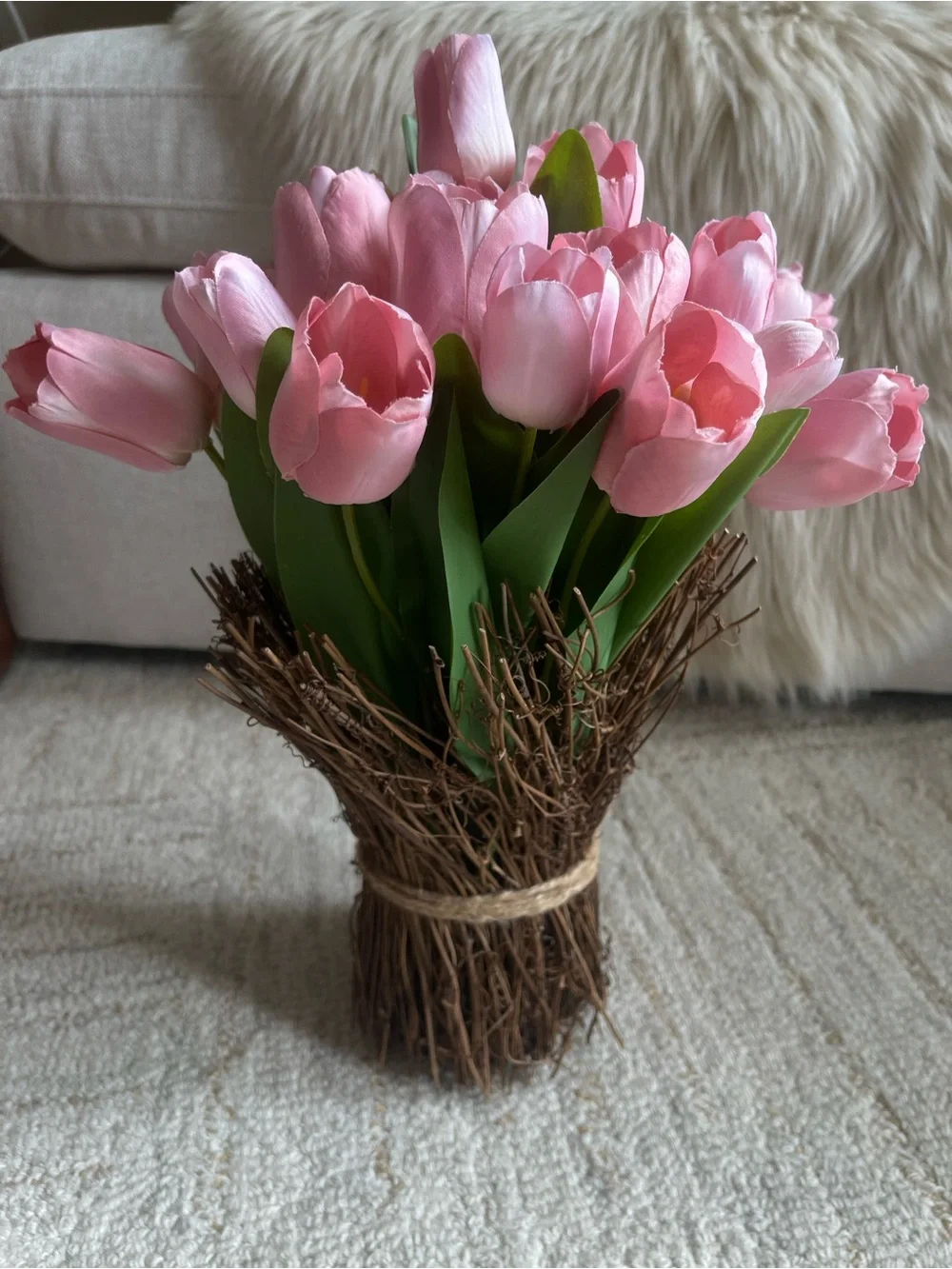 Pink Tulip Bouquet in Rustic Twig Arrangement